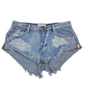 One Teaspoon Denim Bandit Shorts Blue Mid Rise Washed Out Frayed Trim Size 28